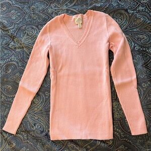 Pink Ribbed V-Neck Sweater